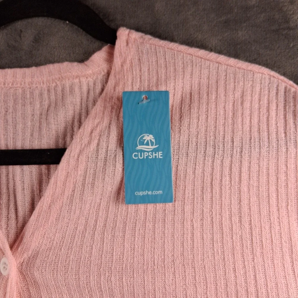 NWT Cupshe Pajama Set Womens Medium Pink Ribbed Cardigan and Shorts Loungewear